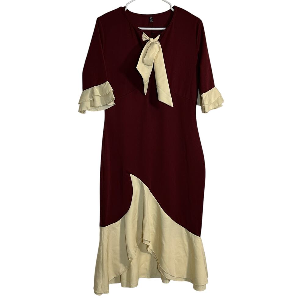 YACUN Dress Women Medium Maroon Cream Bodycon Cocktail Bow Tie Party Knee Length
